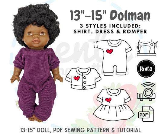 Dolman Shirt, Dress and Romper 13" to 15" Dolls