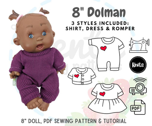 Dolman Shirt, Dress and Romper 8" Doll